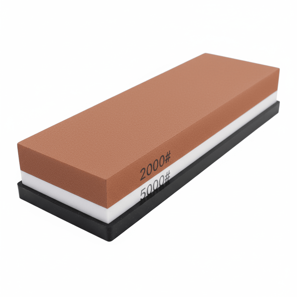 Double-sided sharpening stone with 2000/5000 grit for honing kitchen knives, featuring a non-slip base for stability during use. 0